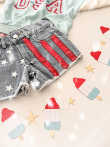 AMERICAN BEAUTY denim sequin shorts (women + kids) FLASH