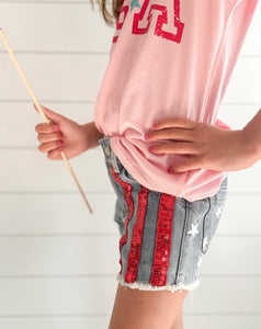 AMERICAN BEAUTY denim sequin shorts (women + kids) FLASH