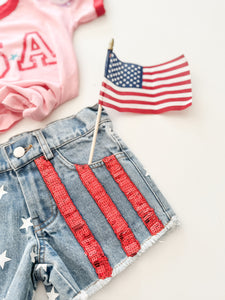 AMERICAN BEAUTY denim sequin shorts (women + kids) FLASH