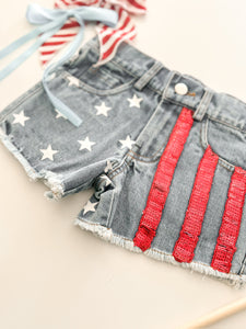 AMERICAN BEAUTY denim sequin shorts (women + kids) FLASH