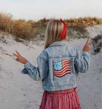 Load image into Gallery viewer, AMERICAN DREAM {sequin flag} • denim jacket (women + kids)